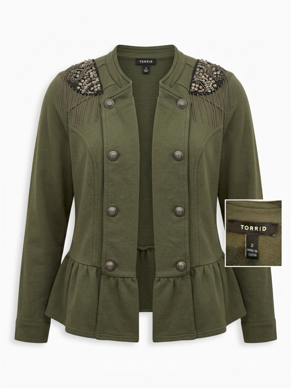 torrid Olive Green Embellished Military-Style Peplum Jacket